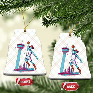 Funny Alien Cowboy Dunking Basketball Ceramic Ornament San Antonio Skyline