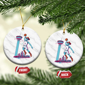 Funny Alien Cowboy Dunking Basketball Ceramic Ornament San Antonio Skyline