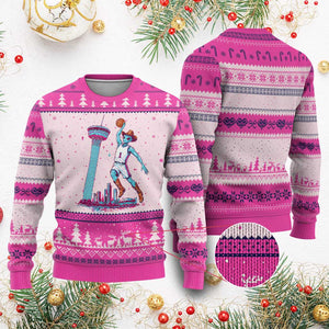 Funny Alien Cowboy Dunking Basketball Ugly Christmas Sweater San Antonio Skyline