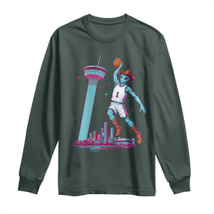 Funny Alien Cowboy Dunking Basketball Long Sleeve Shirt San Antonio Skyline TS12 Dark Forest Green Print Your Wear