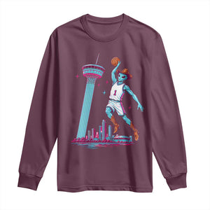 Funny Alien Cowboy Dunking Basketball Long Sleeve Shirt San Antonio Skyline TS12 Maroon Print Your Wear