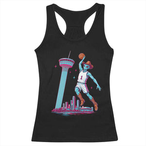 Funny Alien Cowboy Dunking Basketball Racerback Tank Top San Antonio Skyline