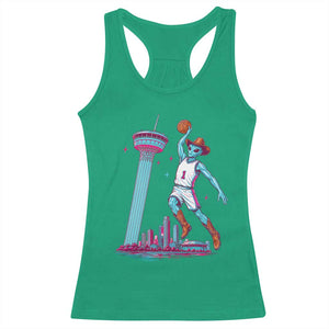 Funny Alien Cowboy Dunking Basketball Racerback Tank Top San Antonio Skyline
