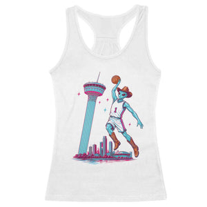 Funny Alien Cowboy Dunking Basketball Racerback Tank Top San Antonio Skyline