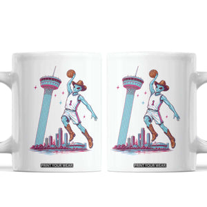 Funny Alien Cowboy Dunking Basketball Coffee Mug San Antonio Skyline