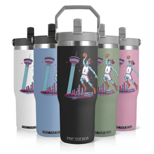 Funny Alien Cowboy Dunking Basketball Flip Straw Tumbler San Antonio Skyline
