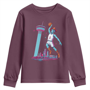 Funny Alien Cowboy Dunking Basketball Youth Sweatshirt San Antonio Skyline