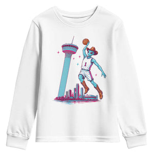 Funny Alien Cowboy Dunking Basketball Youth Sweatshirt San Antonio Skyline