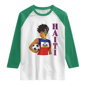 Haitian Soccer Fan Girl Raglan Shirt Ayiti Heritage Pride Football Lover TS12 White Kelly Green Print Your Wear