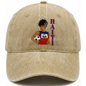 Haitian Soccer Fan Girl Washed Cotton Baseball Cap Ayiti Heritage Pride Football Lover