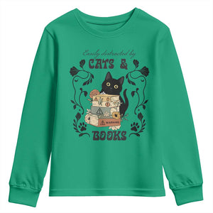 Easily Distracted By Cats And Books Youth Sweatshirt Funny Book Kitty Lover TS12 Irish Green Print Your Wear