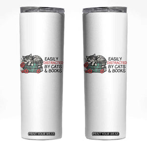 Easily Distracted By Cats And Books Skinny Tumbler Lazy Kitty Book Lover TS12 White Print Your Wear