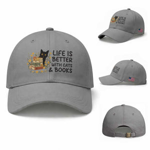 Life Is Better With Cats And Books Baseball Cap Funny Black Cat Book Lover TS12 Baseball Cap Universal Fit Sport Gray Print Your Wear