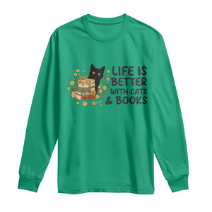 Life Is Better With Cats And Books Long Sleeve Shirt Funny Black Cat Book Lover TS12 Irish Green Print Your Wear