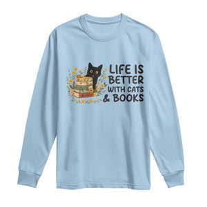 Life Is Better With Cats And Books Long Sleeve Shirt Funny Black Cat Book Lover TS12 Light Blue Print Your Wear