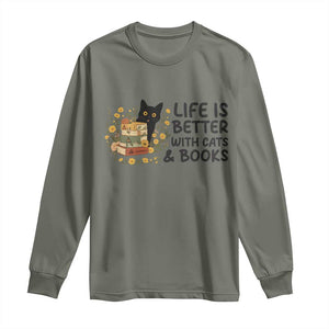 Life Is Better With Cats And Books Long Sleeve Shirt Funny Black Cat Book Lover TS12 Military Green Print Your Wear