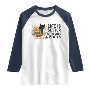 Life Is Better With Cats And Books Raglan Shirt Funny Black Cat Book Lover TS12 White Navy Print Your Wear