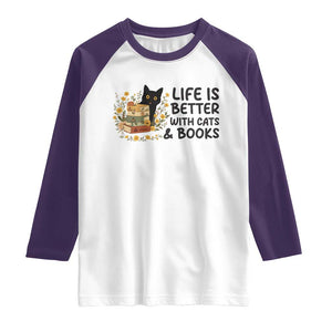 Life Is Better With Cats And Books Raglan Shirt Funny Black Cat Book Lover TS12 White Purple Print Your Wear