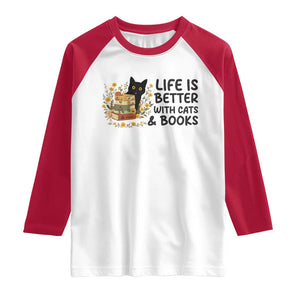 Life Is Better With Cats And Books Raglan Shirt Funny Black Cat Book Lover TS12 White Red Print Your Wear