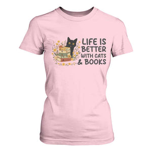 Life Is Better With Cats And Books T Shirt For Women Funny Black Cat Book Lover TS12 Light Pink Print Your Wear