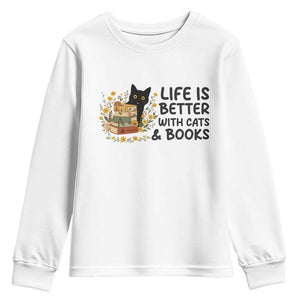 Life Is Better With Cats And Books Youth Sweatshirt Funny Black Cat Book Lover TS12 White Print Your Wear