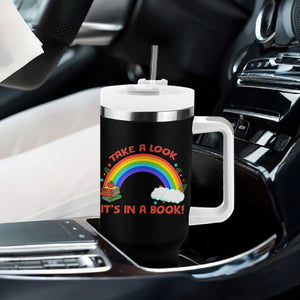 Take A Look It Is In A Book Tumbler With Handle Cute Rainbow Book Educational Quote TS12 Print Your Wear