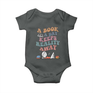 A Book A Day Keeps Reality Away Baby Onesie Cute Girl Book Lover TS12 Dark Heather Print Your Wear