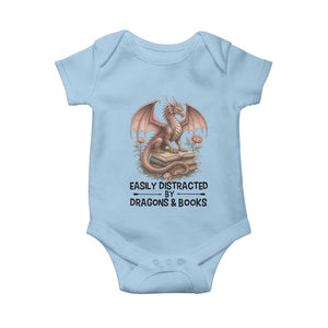 Easily Distracted By Dragon And Books Baby Onesie Funny Book Lover TS12 Light Blue Print Your Wear