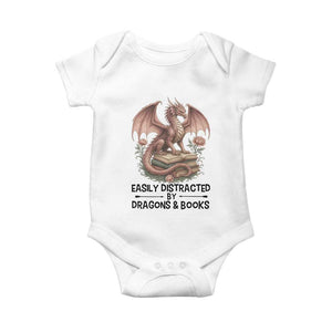 Easily Distracted By Dragon And Books Baby Onesie Funny Book Lover TS12 White Print Your Wear