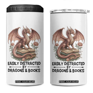 Easily Distracted By Dragon And Books 4 in 1 Can Cooler Tumbler Funny Book Lover TS12 One Size: 16 oz White Print Your Wear