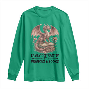 Easily Distracted By Dragon And Books Long Sleeve Shirt Funny Book Lover TS12 Irish Green Print Your Wear
