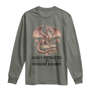 Easily Distracted By Dragon And Books Long Sleeve Shirt Funny Book Lover TS12 Military Green Print Your Wear