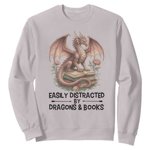 Easily Distracted By Dragon And Books Sweatshirt Funny Book Lover TS12 Ice Gray Print Your Wear