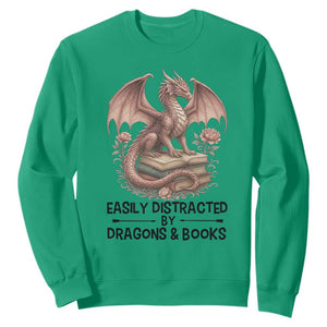 Easily Distracted By Dragon And Books Sweatshirt Funny Book Lover TS12 Irish Green Print Your Wear