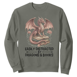 Easily Distracted By Dragon And Books Sweatshirt Funny Book Lover TS12 Military Green Print Your Wear