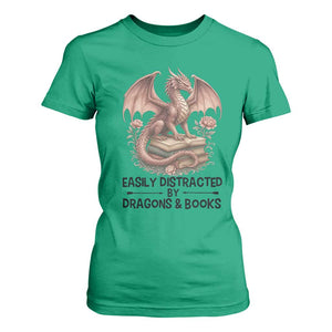 Easily Distracted By Dragon And Books T Shirt For Women Funny Book Lover TS12 Irish Green Print Your Wear