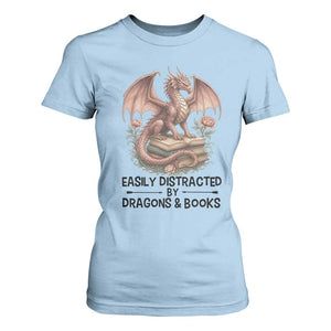 Easily Distracted By Dragon And Books T Shirt For Women Funny Book Lover TS12 Light Blue Print Your Wear