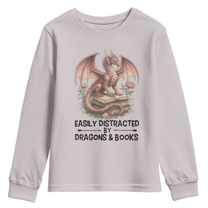 Easily Distracted By Dragon And Books Youth Sweatshirt Funny Book Lover TS12 Ice Gray Print Your Wear