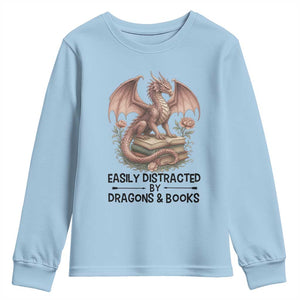 Easily Distracted By Dragon And Books Youth Sweatshirt Funny Book Lover TS12 Light Blue Print Your Wear