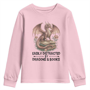 Easily Distracted By Dragon And Books Youth Sweatshirt Funny Book Lover TS12 Light Pink Print Your Wear