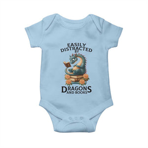 Easily Distracted By Dragon And Books Baby Onesie Cute Book Lover Gift TS12 Light Blue Print Your Wear