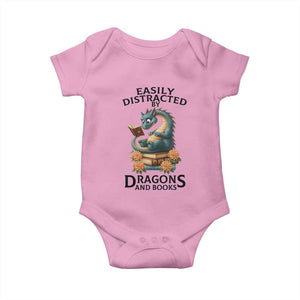 Easily Distracted By Dragon And Books Baby Onesie Cute Book Lover Gift TS12 Light Pink Print Your Wear