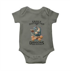 Easily Distracted By Dragon And Books Baby Onesie Cute Book Lover Gift TS12 Military Green Print Your Wear