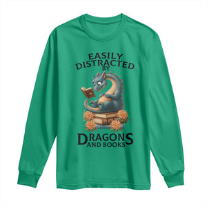 Easily Distracted By Dragon And Books Long Sleeve Shirt Cute Book Lover Gift TS12 Irish Green Print Your Wear