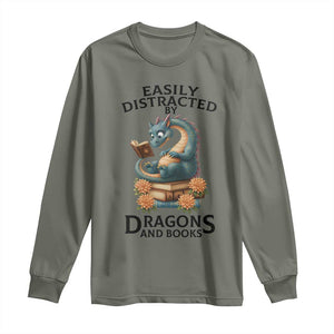 Easily Distracted By Dragon And Books Long Sleeve Shirt Cute Book Lover Gift TS12 Military Green Print Your Wear