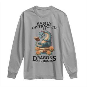 Easily Distracted By Dragon And Books Long Sleeve Shirt Cute Book Lover Gift TS12 Sport Gray Print Your Wear