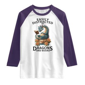 Easily Distracted By Dragon And Books Raglan Shirt Cute Book Lover Gift TS12 White Purple Print Your Wear