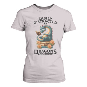 Easily Distracted By Dragon And Books T Shirt For Women Cute Book Lover Gift TS12 Ice Gray Print Your Wear