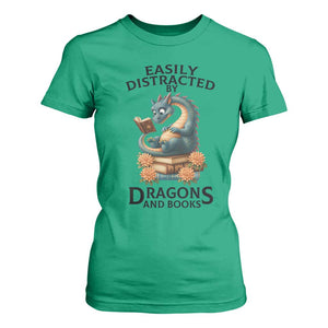Easily Distracted By Dragon And Books T Shirt For Women Cute Book Lover Gift TS12 Irish Green Print Your Wear