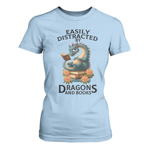 Easily Distracted By Dragon And Books T Shirt For Women Cute Book Lover Gift TS12 Light Blue Print Your Wear